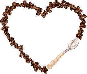 Wall Mural - Heart frame shaped coffee beans with spoon