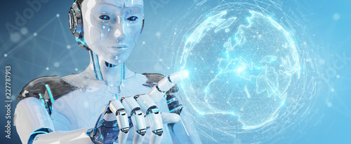Fotografía White robot woman using digital sphere connection hologram 3D rendering