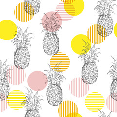 Wall Mural - Summer fresh outline pineapple Seamless  pattern with hand drawing  mix with sweet colorful stripe polkadots