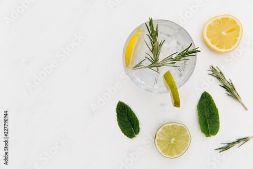 Gin tonic cocktail drink with green lime white background Tableau sur Toile