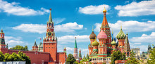 Moscow Kremlin And St Basil's Cathedral, Russia. Beautiful Panorama Of Moscow City Center In Summer.