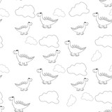 Fototapeta Dinusie - Seamless pattern composed of clouds and a duplicate of the dinosaurs