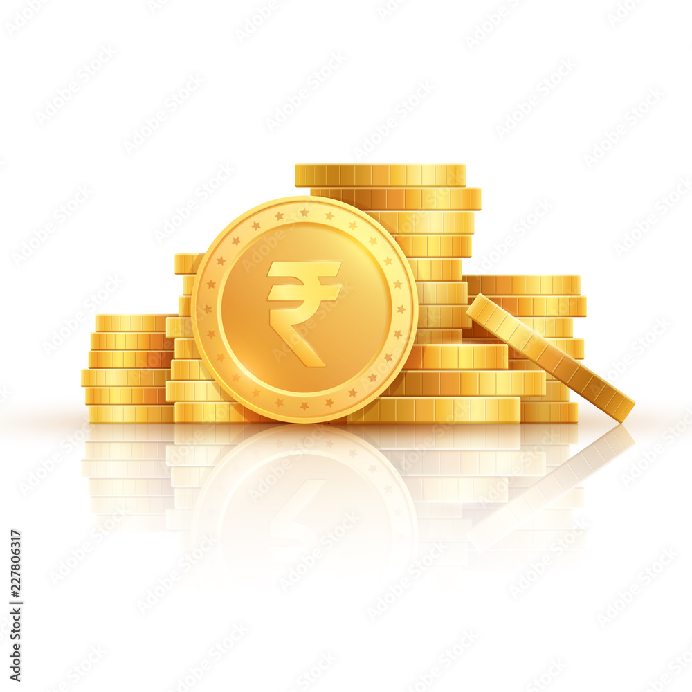 Golden Color Rupees Gold rupee coins. Indian money, stacked golden coins. Rupee cash ...