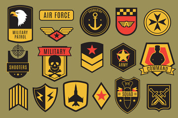 military badges. usa army patches. american soldier chevrons with wings and stars. emblem vector set