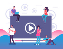 People Watching Online Video. Digital Internet Television, Web Videos Player Or Social Media Live Stream Vector Concept Illustration. Online Video Stream, Play And Watching Movie