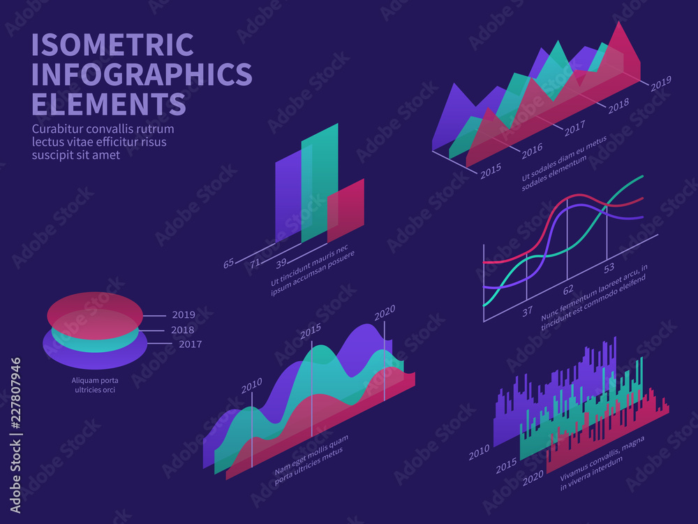 Isometric infographic elements. 3d graphs, bar chart, market histogram and layer diagram. Business presentation vector infographics. Illustration of chart 3d flat, graph design information - obrazy, fototapety, plakaty 