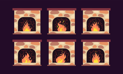 Canvas Print - Fireplace animation. Home retro fireplaces with fire. Cartoon christmas and interior vector decoration. Fireplace interior decoration, animation bright burning illustration