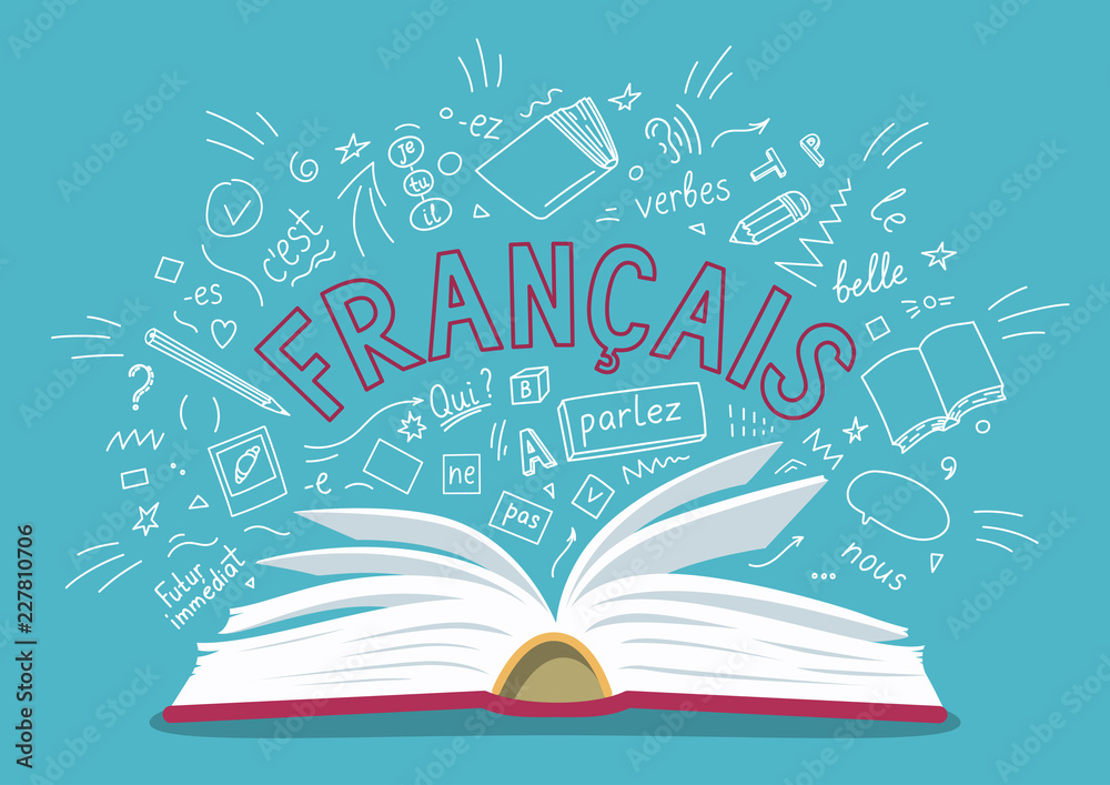 Francais. Translate: "French". Open book with language hand drawn doodles and lettering. Language education vector illustration. - obrazy, fototapety, plakaty 