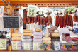 © Jeanne Emmel - Traditional Majorcan Sobrassada saussage and Mahon cheese for sale at a local market in Esporles, Mallorca, Spain