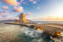 The Venetian Fortress Of Methoni At Sunset In Peloponnese, Messenia, Greece