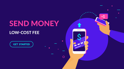 Send money low-cost fee flat vector neon illustration for web and mobile design with text and button. Man sending money from credit card on smart phone to his friend mobile wallet via mobile app