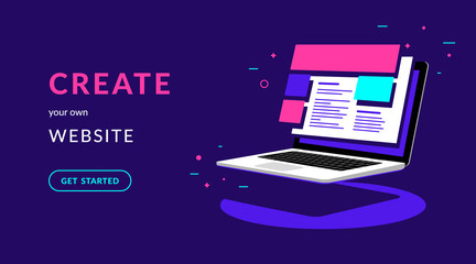 create your own website flat vector neon illustration for web banner with text and button. isometric