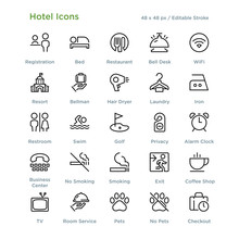 Hotel Icons - Outline Styled Icons, Designed To 48 X 48 Pixel Grid. Editable Stroke.