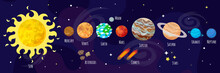 Vector Illustration Of Space, Universe. Cute Cartoon Planets, Asteroids, Comet, Rockets. Kids Illustration.
