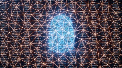 Poster - Fingerprint scan provides security access with biometrics identification. Concept Fingerprint protection with binary code. Concept of digital security. 3D animation