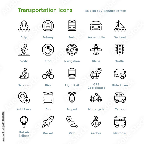 Fotografie, Obraz Transportation Icons - Outline styled icons, designed to 48 x 48 pixel grid