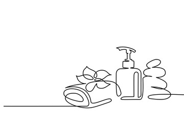 Wall Mural - continuous one line drawing. spa cosmetic beautiful flower with towel, bottle and zen basalt stones.