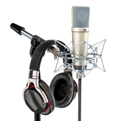 Wall Mural - Headphones and diaphragm condenser studio microphone with shock-mount, 3D rendering