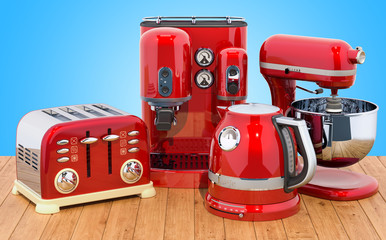 Poster - Red stainless electric tea kettle, coffeemaker, toaster, mixer. Retro design on the wooden table. 3D rendering