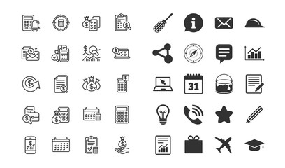 Poster - accounting line icons. set of calculation, check investment and report linear icons. calendar, banki