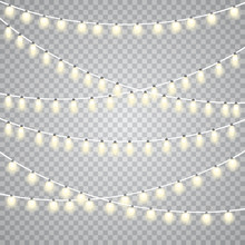 Christmas Lights Isolated On Transparent Background. Set Of Golden Xmas Glowing Garland. Vector Illustration