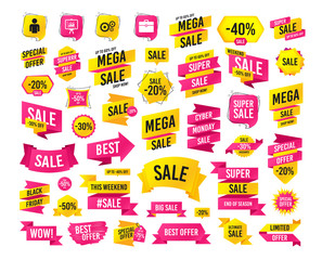 Poster - Sales banner. Super mega discounts. Business icons. Human silhouette and presentation board with charts signs. Case and gear symbols. Black friday. Cyber monday. Vector