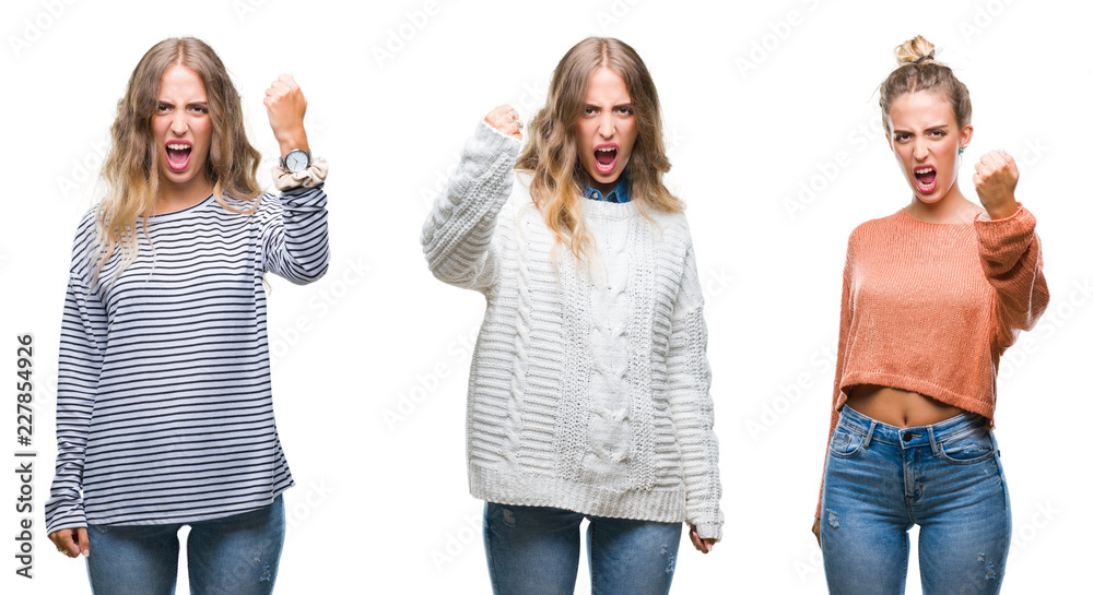 Young beautiful young woman wearing casual look over white isolated background angry and mad raising fist frustrated and furious while shouting with anger. Rage and aggressive concept.