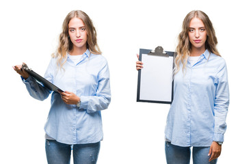 Wall Mural - Young beautiful young business woman holding clipboard over white isolated background with a confident expression on smart face thinking serious