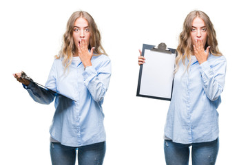 Canvas Print - Young beautiful young business woman holding clipboard over white isolated background cover mouth with hand shocked with shame for mistake, expression of fear, scared in silence, secret concept