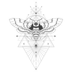 Wall Mural - vector illustration with hand drawn dead head moth and sacred geometric symbol on white background. 