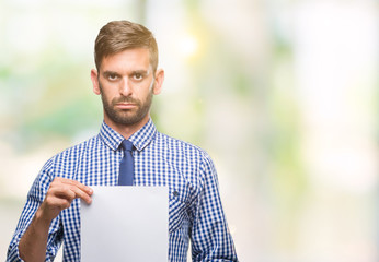 Sticker - Young handsome man holding blank paper over isolated background with a confident expression on smart face thinking serious