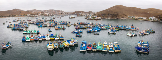 Fisher boats in the harbor. Pucusana, Lima, Peru.