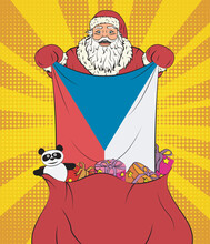 Santa Claus Gets National Flag Of Czech Republic Out Of The Bag With Toys In Pop Art Style. Illustration Of New Year In Pop Art Style