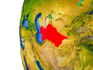 Turkmenistan highlighted on 3D Earth with visible countries and watery oceans.