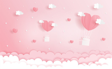 Wall Mural - Love concept with heart balloons in the sky, Valentine's and wedding card in paper cut style vector illustration.