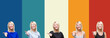 © Krakenimages.com - Collage of beautiful blonde woman over colorful vintage isolated background smiling friendly offering handshake as greeting and welcoming. Successful business.