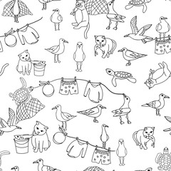 seamless pattern. Sea city, Gulls fly, cats eat fish, turtles swim, sailor s linen dries.