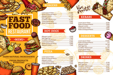 Canvas Print - Fast food burgers, hotdog and kebabs menu