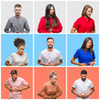 © Krakenimages.com - Collage of group of young people over colorful isolated background with hand on stomach because indigestion, painful illness feeling unwell. Ache concept.