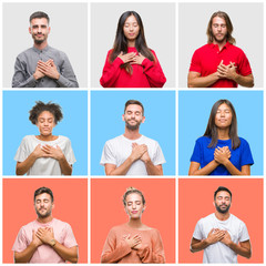 Poster - Collage of group of young people over colorful isolated background smiling with hands on chest with closed eyes and grateful gesture on face. Health concept.