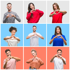 Canvas Print - Collage of group of young people over colorful isolated background smiling in love showing heart symbol and shape with hands. Romantic concept.