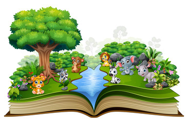 Open book with river and baby animal cartoon