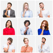 Collage of group of young people woman and men over isolated background with hand on chin thinking about question, pensive expression. Smiling with thoughtful face. Doubt concept.