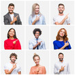 © Krakenimages.com - Collage of group of young people woman and men over isolated background cheerful with a smile of face pointing with hand and finger up to the side with happy and natural expression on face