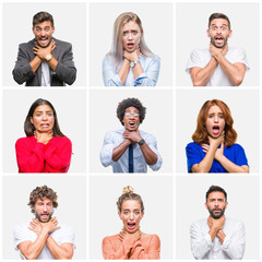 Wall Mural - Collage of group of young people woman and men over isolated background shouting and suffocate because painful strangle. Health problem. Asphyxiate and suicide concept.