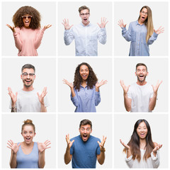 Sticker - Collage of group of young people woman and men over white solated background celebrating crazy and amazed for success with arms raised and open eyes screaming excited. Winner concept