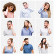 © Krakenimages.com - Collage of group of young people woman and men over white solated background smiling with hand over ear listening an hearing to rumor or gossip. Deafness concept.