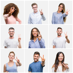 Poster - Collage of group of young people woman and men over white solated background smiling looking to the camera showing fingers doing victory sign. Number two.