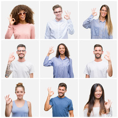 Sticker - Collage of group of young people woman and men over white solated background smiling positive doing ok sign with hand and fingers. Successful expression.