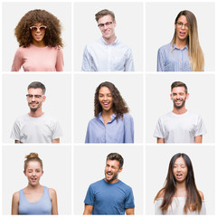 Sticker - Collage of group of young people woman and men over white solated background winking looking at the camera with sexy expression, cheerful and happy face.